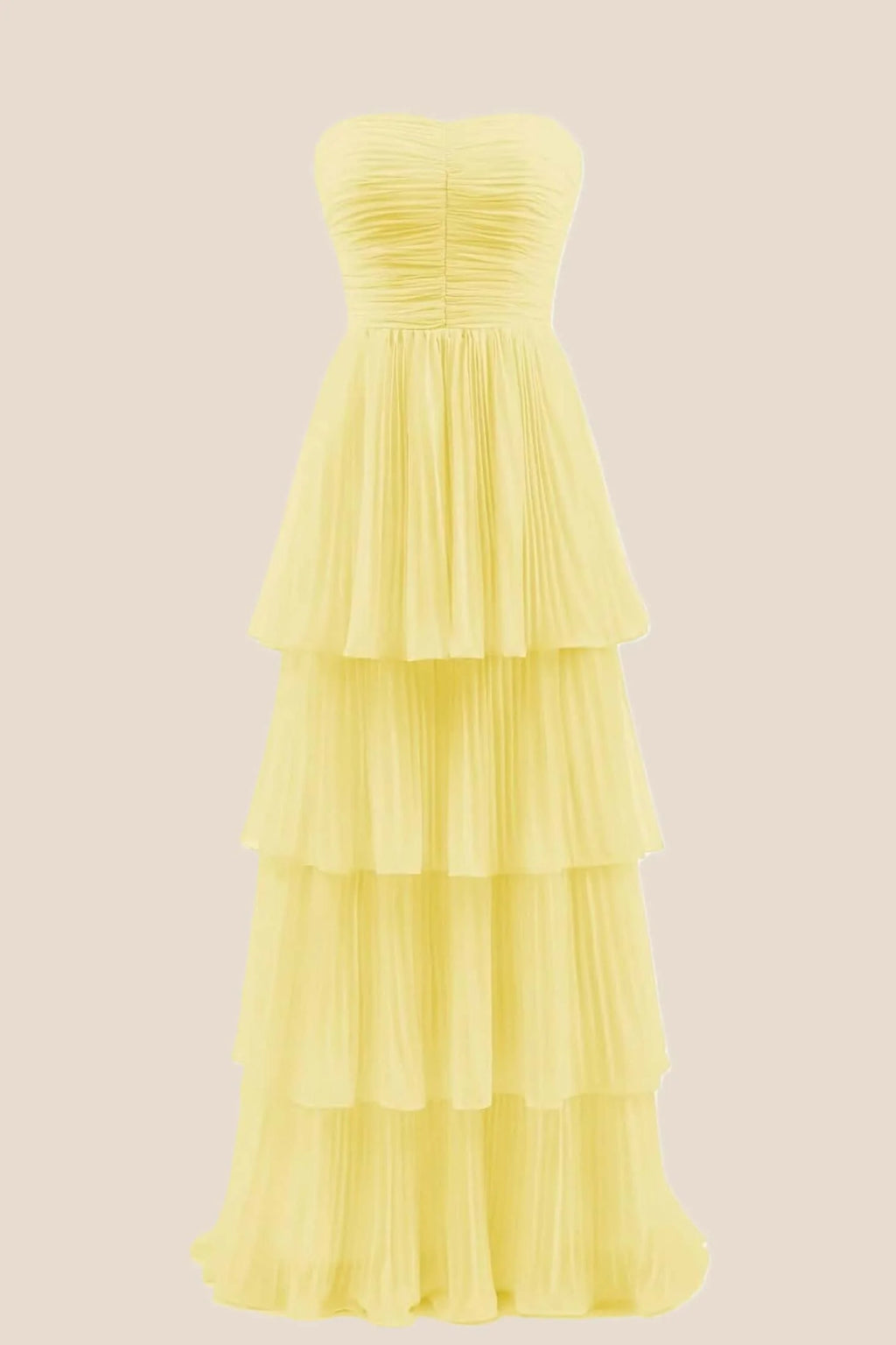 Yellow Chiffon Pleated A-line Tiered Maxi Dress