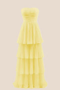 Yellow Chiffon Pleated A-line Tiered Maxi Dress
