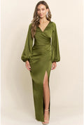 Sloane Long Sleeve Satin Maxi Dress - Olive Green