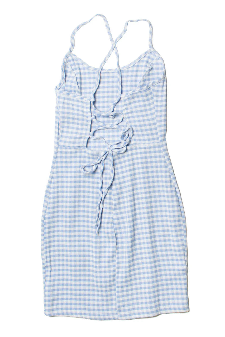 Blue Gingham Lace Up Back Mini Dress