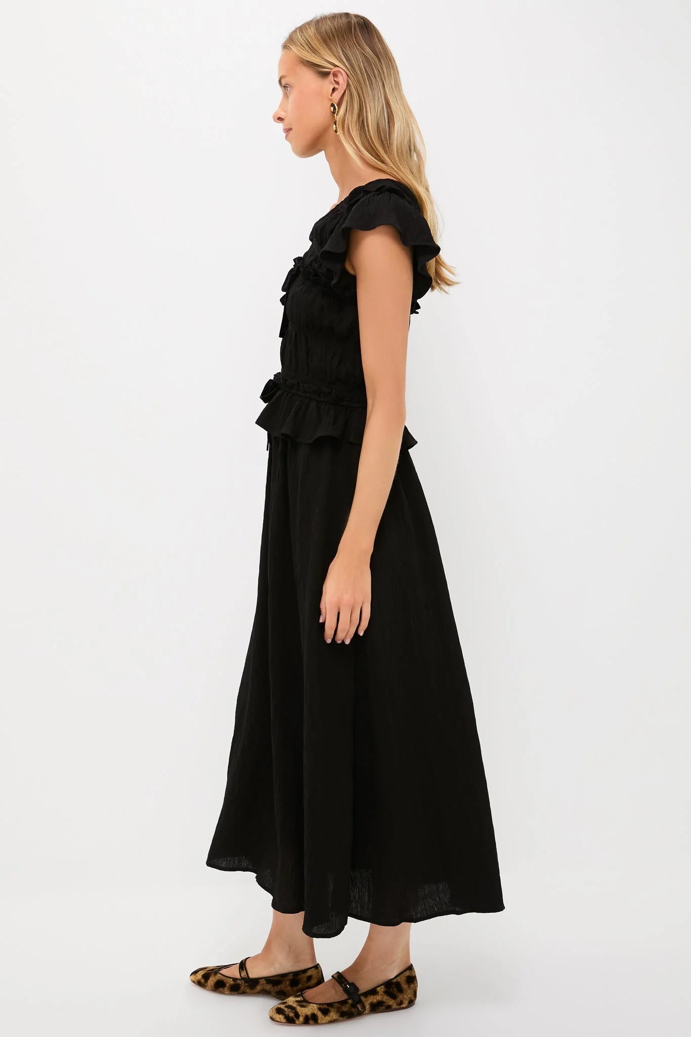 Black Flutter Sleeve Midi Dress