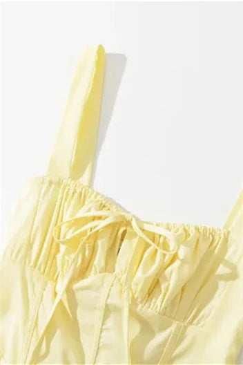 Yellow Tie Front Ruched Long Dress with Slit