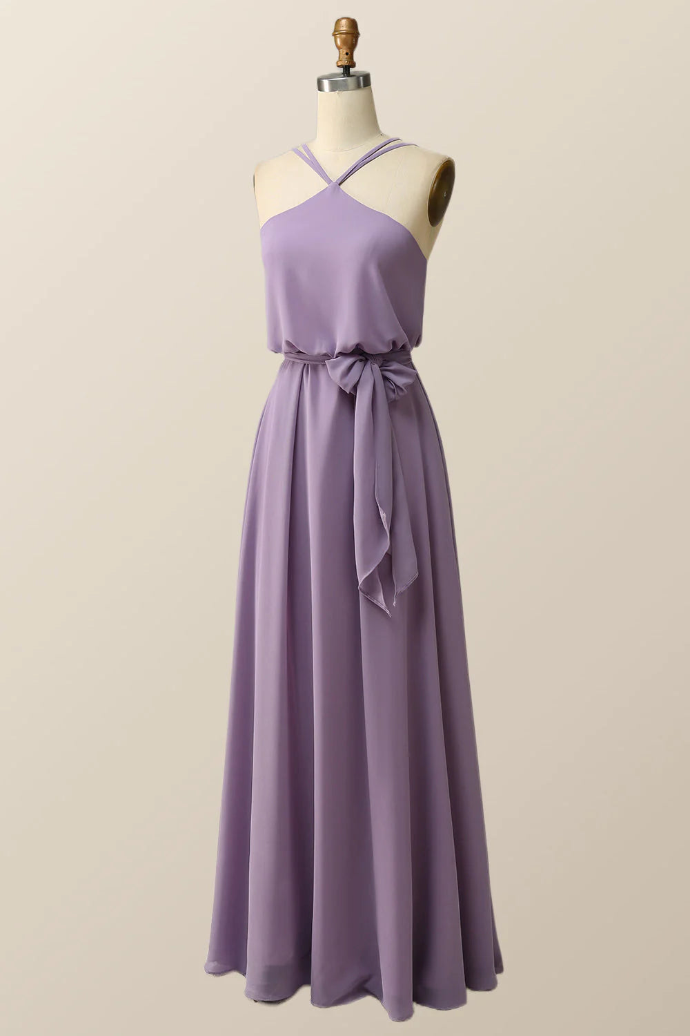 Halter Straps Yellow Chiffon Long Bridesmaid Dress