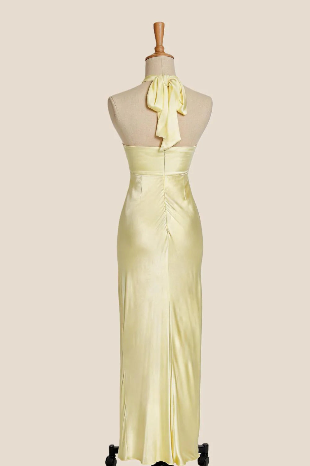 Halter Yellow Soft Satin Fitted Long Dress