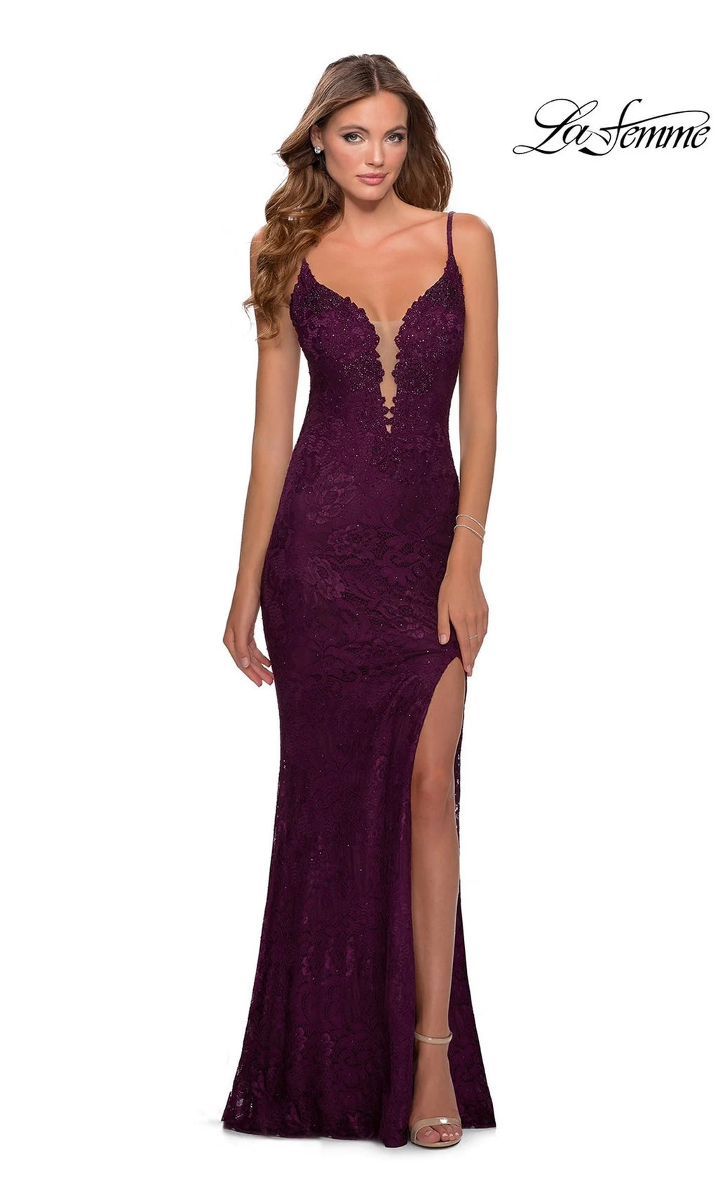 Open Back Deep V-Neck Long Lace Prom Dress
