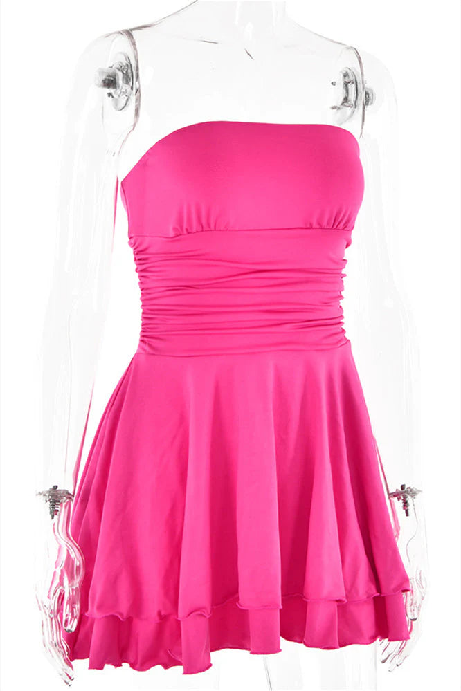 Strapless Pink Ruffle Ruched Short Dress