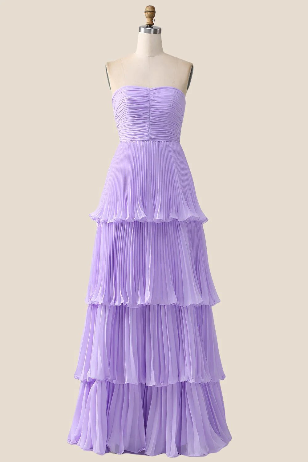 Strapless Light Blue Pleated Tiered Long Party Dress