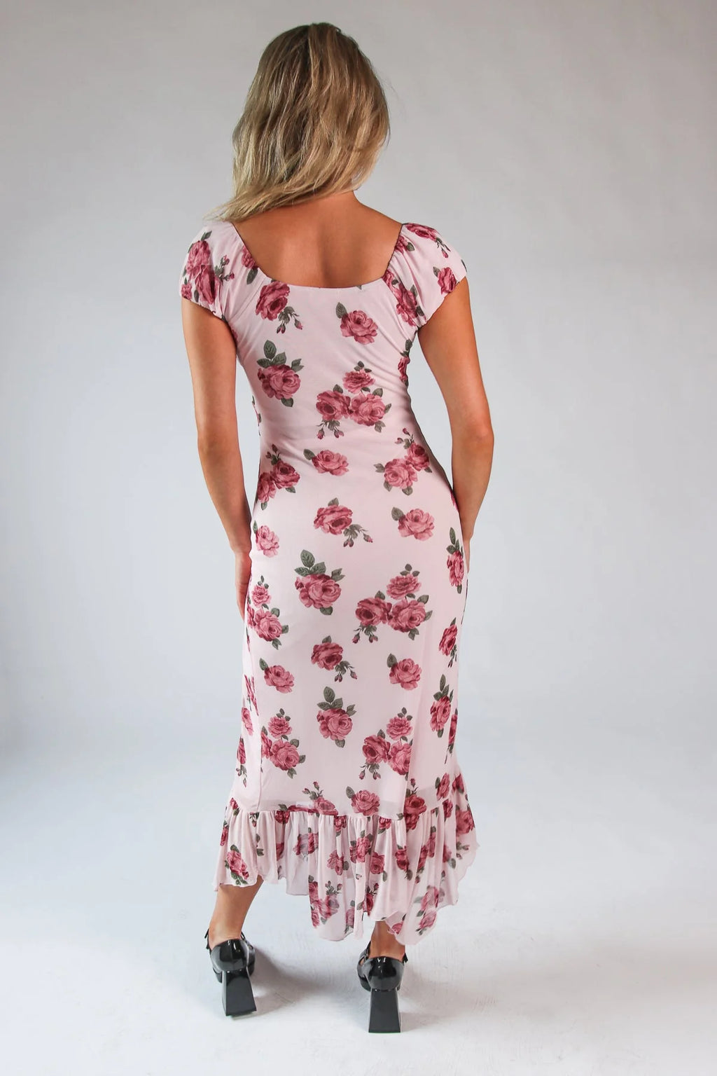 Mesh Puff Sleeve Hanky Hem Maxi Dress