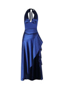 Halter Navy Blue Satin Frill Long Dress