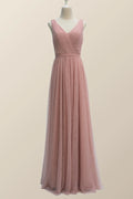 V Neck Plush Pink Tulle Long Bridesmaid Dress