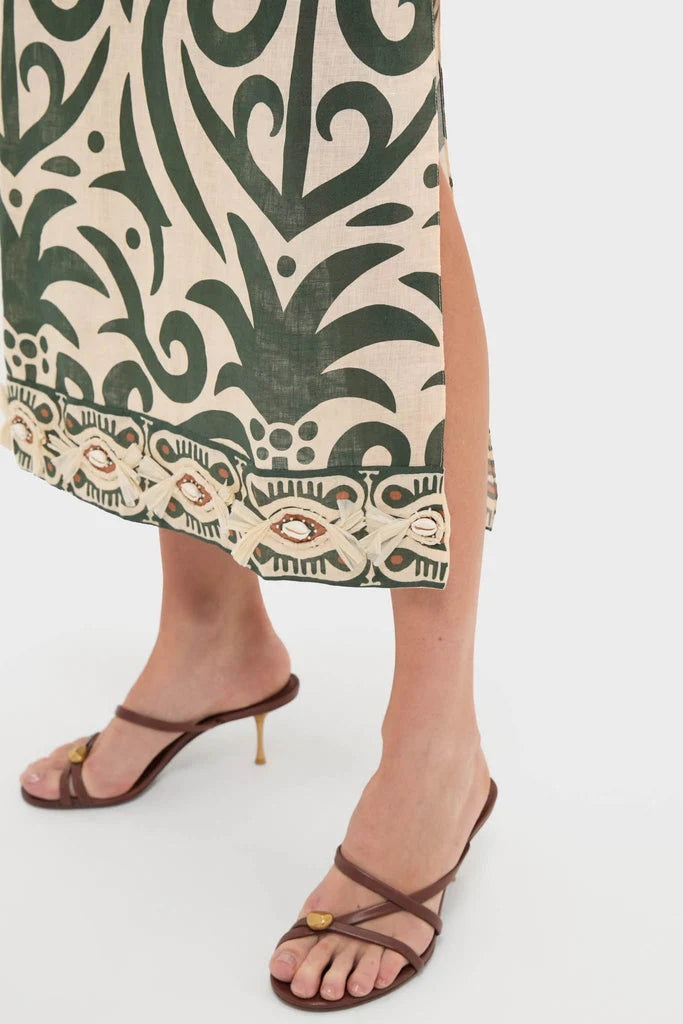 Ecru and Green Water Adventure Midi Dress
