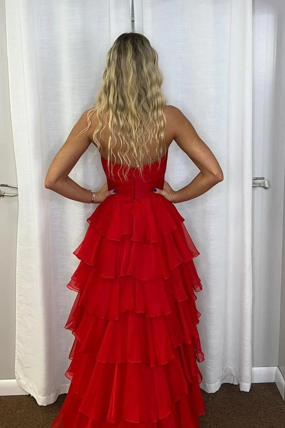 Strapless White and Black Rosette Tiered Long Dress