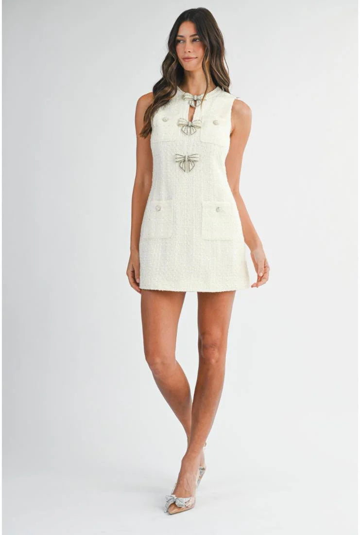 Peyton Pearl Bows Mini Tweed Dress - Ivory