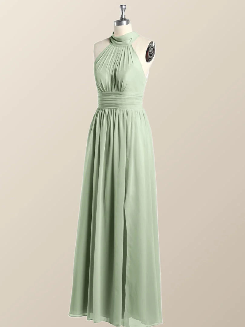 High Neck Mint Green Chiffon A-line Bridesmaid Dress
