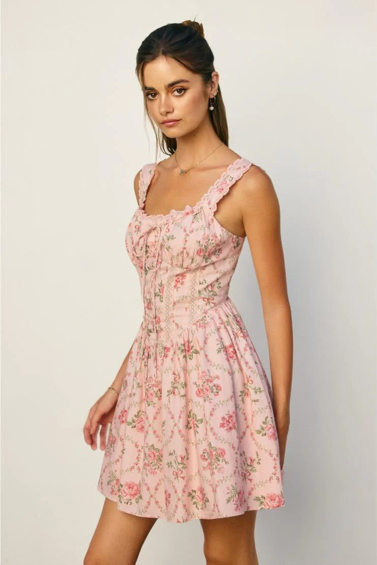 Taylor Florals Lace Trim Bustier Mini Dress - Pink