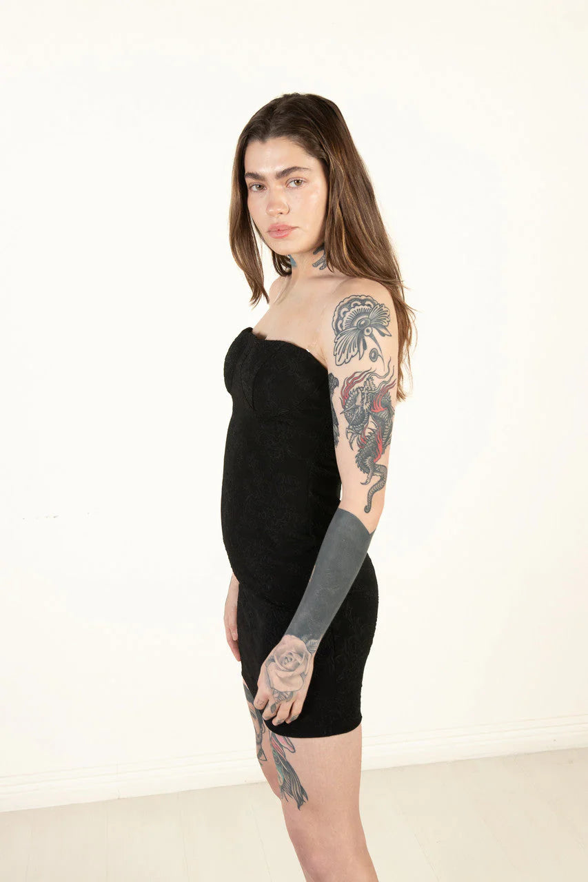 Black Jacquard Bustier Clear Straps Mini Dress