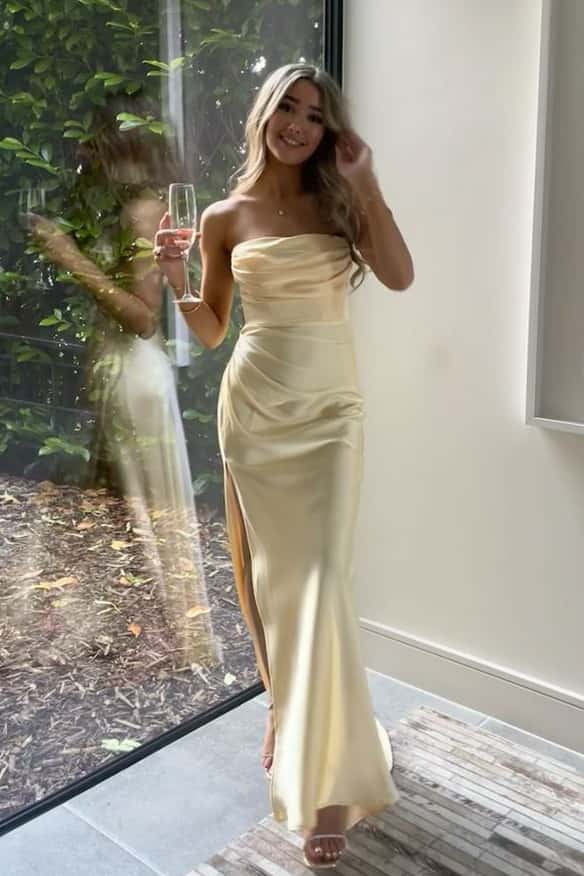 Strapless Sage Ruched Long Dress with Slit