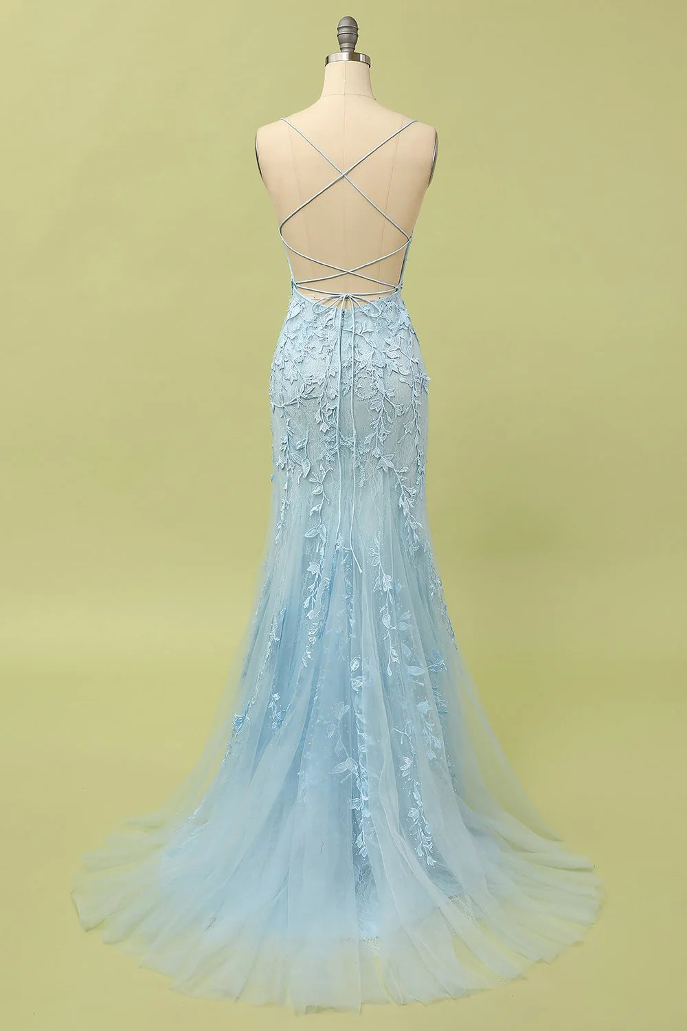 Yellow Mermaid Lace Appliques Long Formal Dress