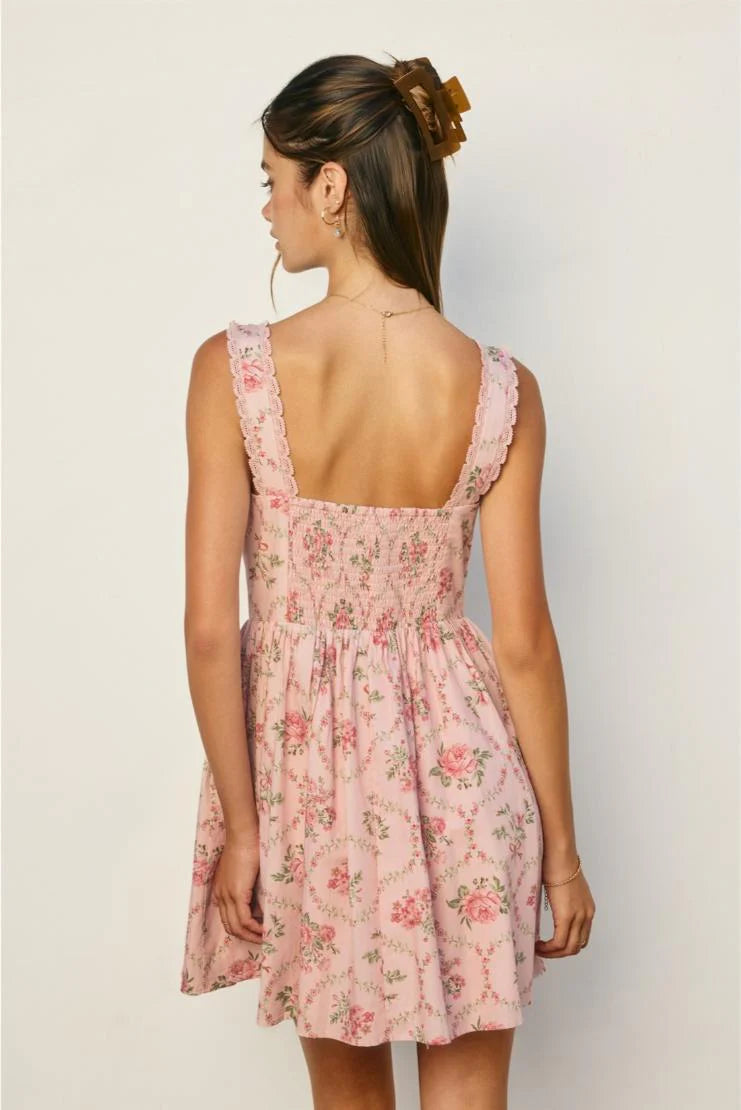 Taylor Florals Lace Trim Bustier Mini Dress - Pink