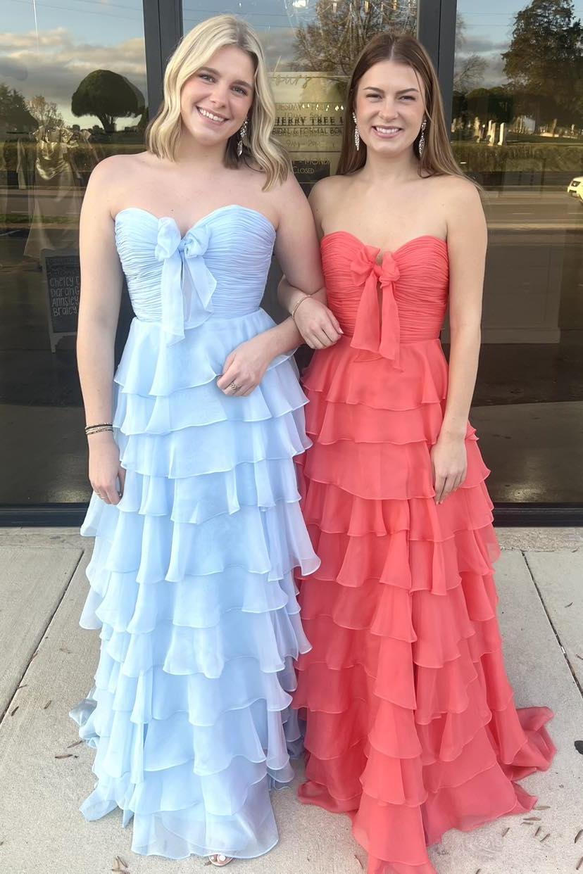 Strapless Yellow Tiered Long Dress with Bow