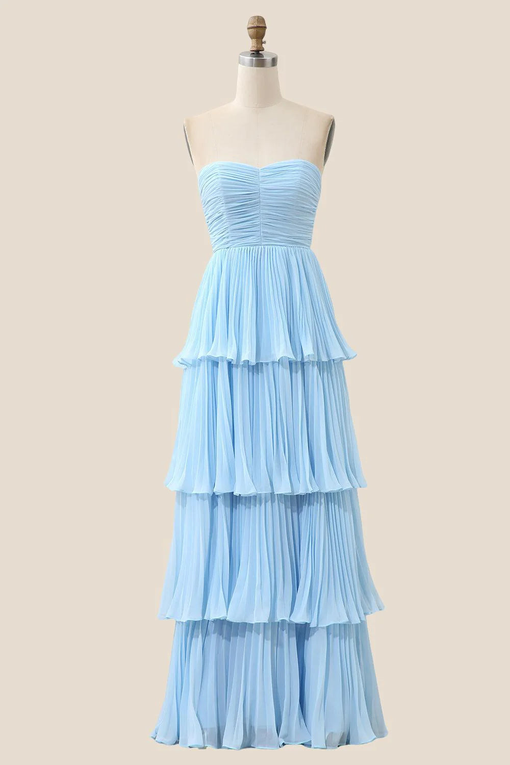 Strapless Pink Pleated Tiered Long Party Dress