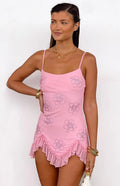 Arianah Pink Hibiscus Rhinestone Mesh Mini Dress