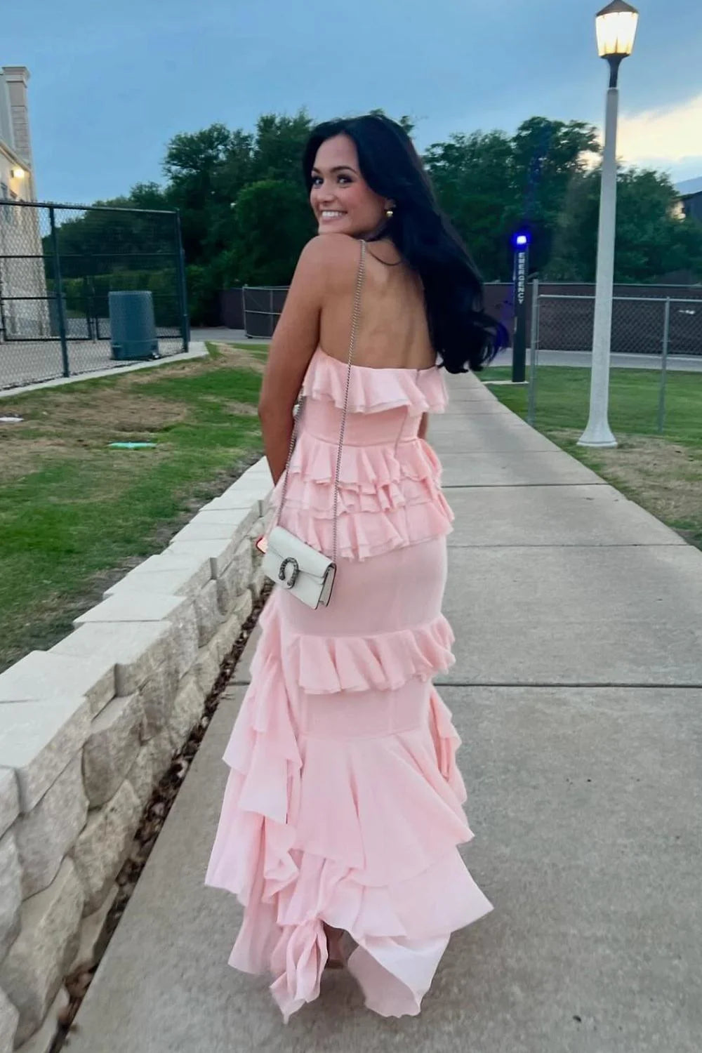 Strapless Lilac Ruffle Tiered Long Chiffon Dress