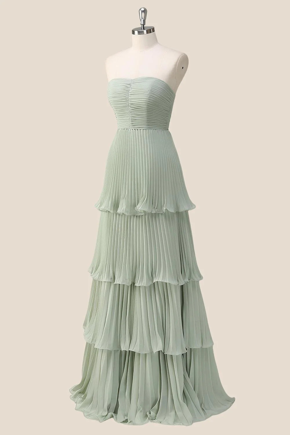 Strapless Pink Pleated Tiered Long Party Dress