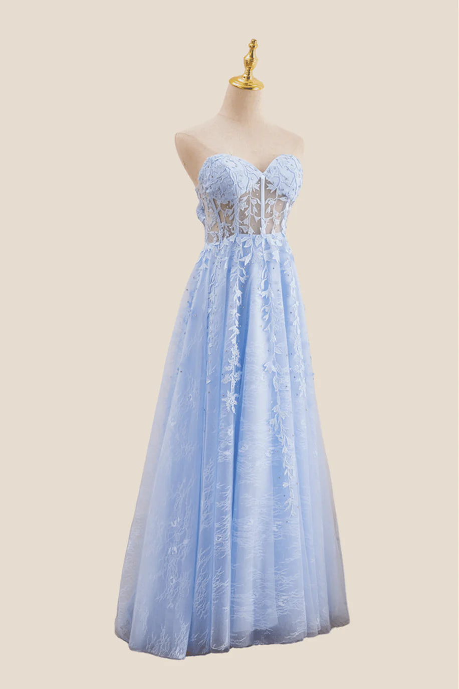 Strapless Light Blue Lace Appliques Long Dress