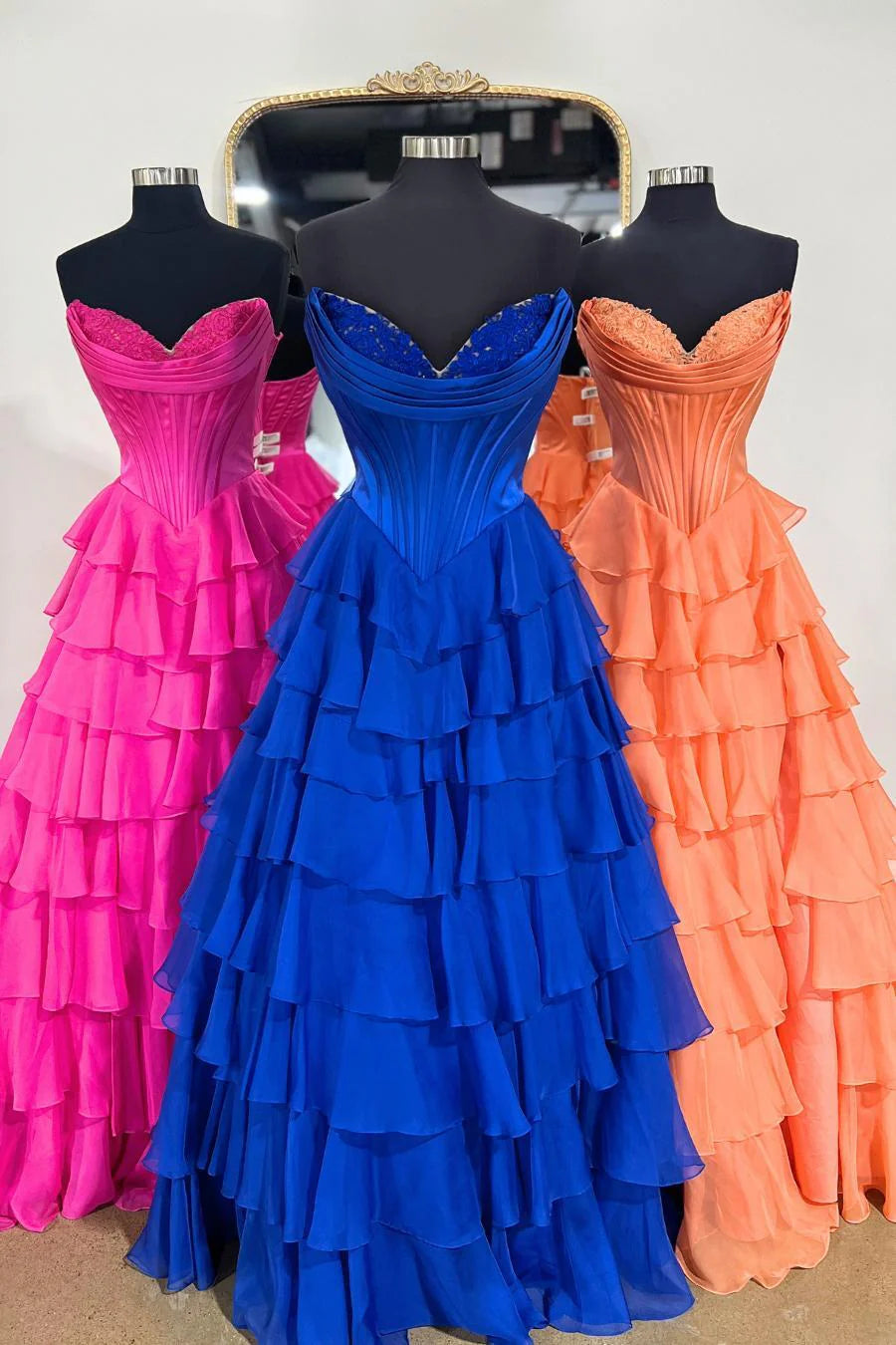 Strapless Orange Tiered Chiffon Long Dress with Slit