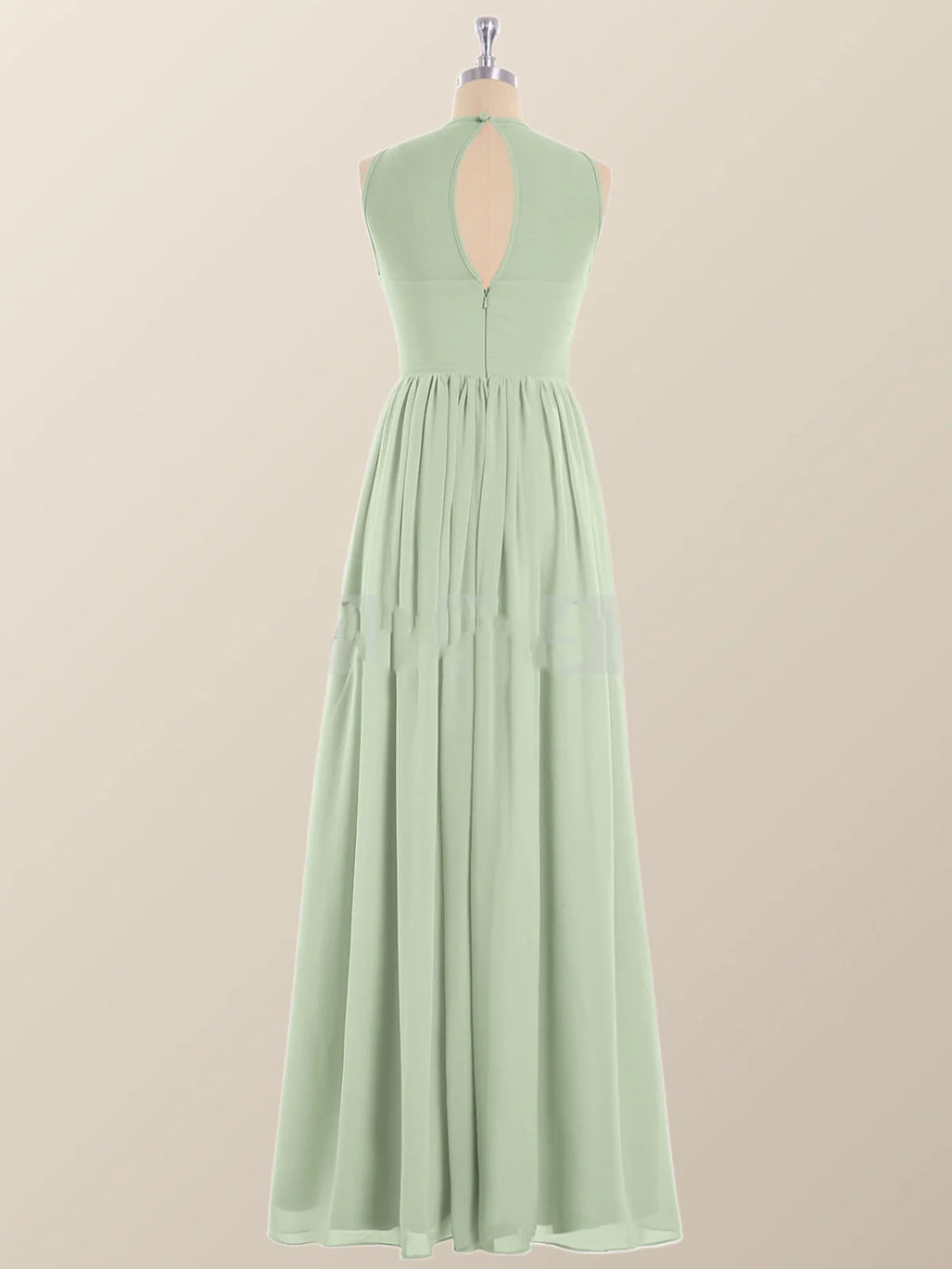 Jewel Neck Sage Green Chiffon Long Bridesmaid Dress