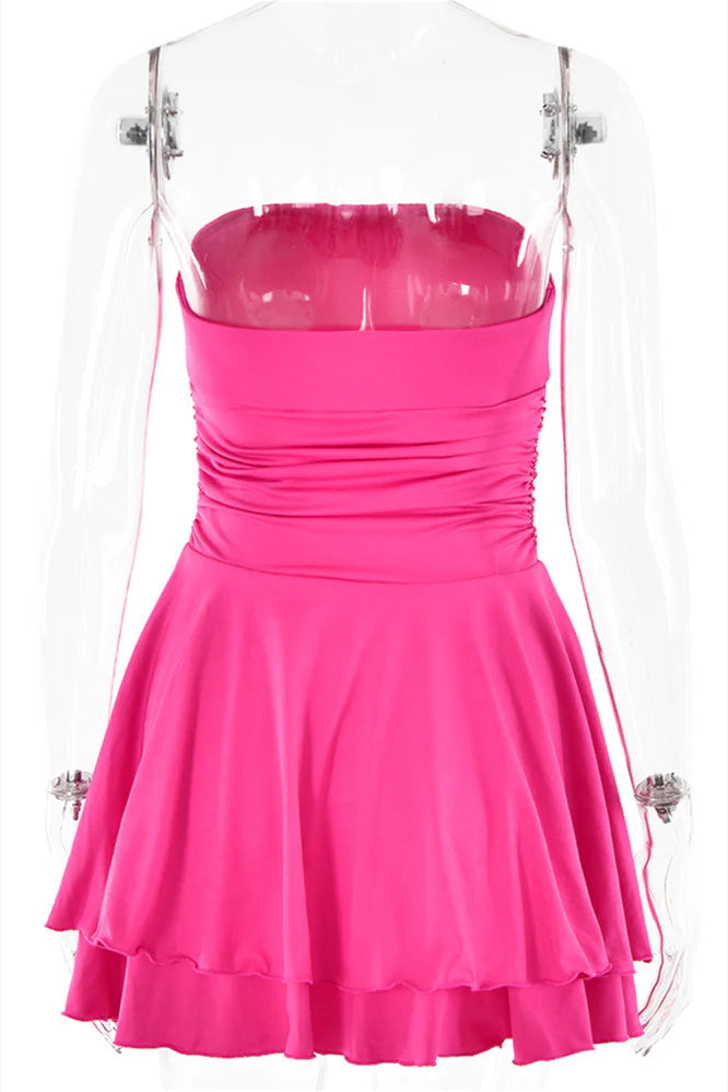 Strapless Orange Ruffle Ruched Short Dress