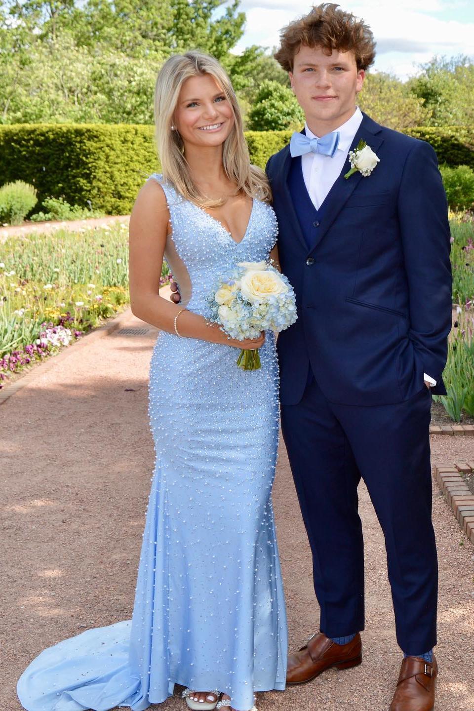 V Neck Beaded Blue Mermaid Long Formal Dress