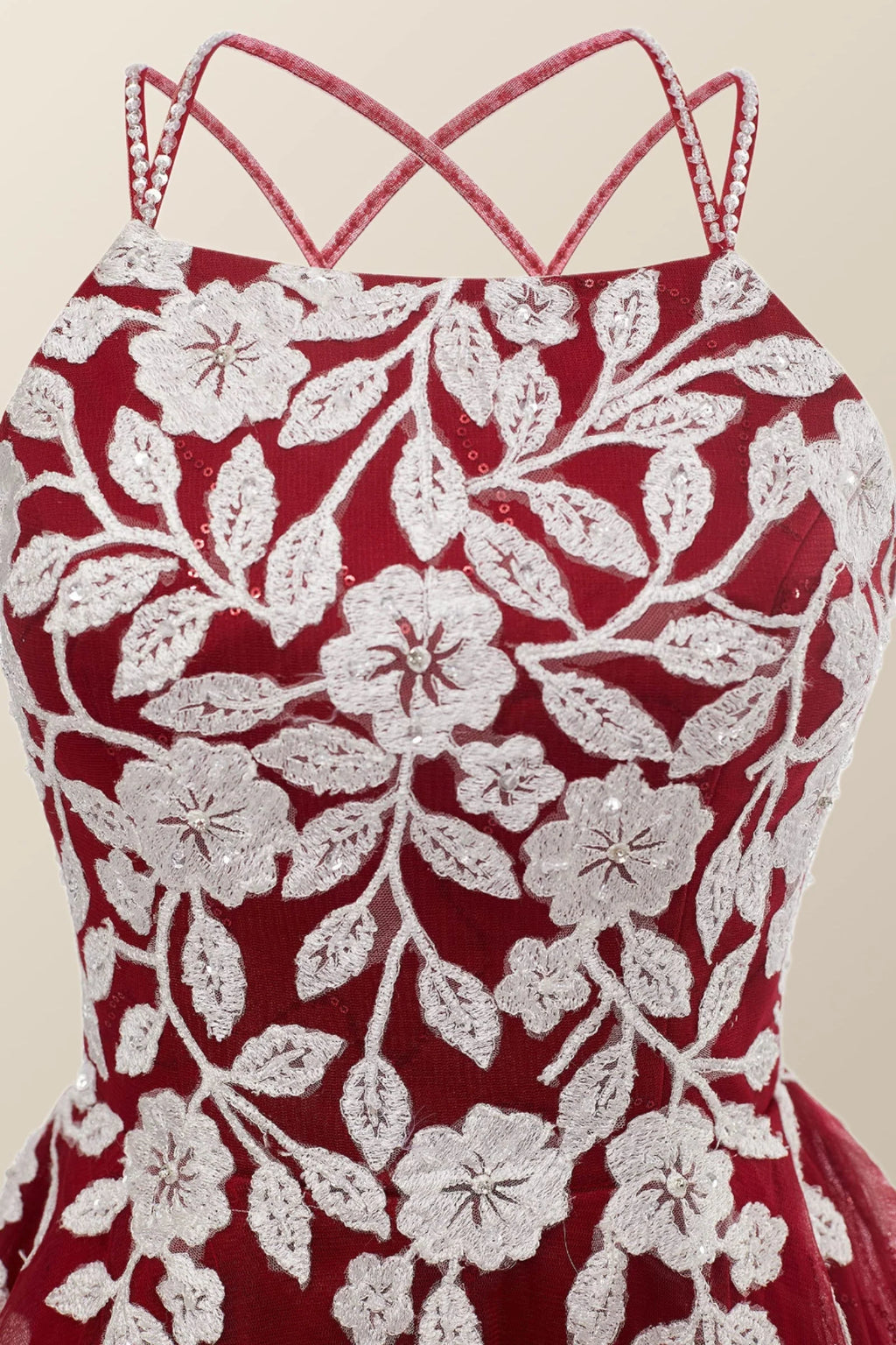 Wine Red Tulle and White Appliques A-line Dress