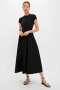 Black Rib Knit Crew Neck Short Sleeve A-Line Dress