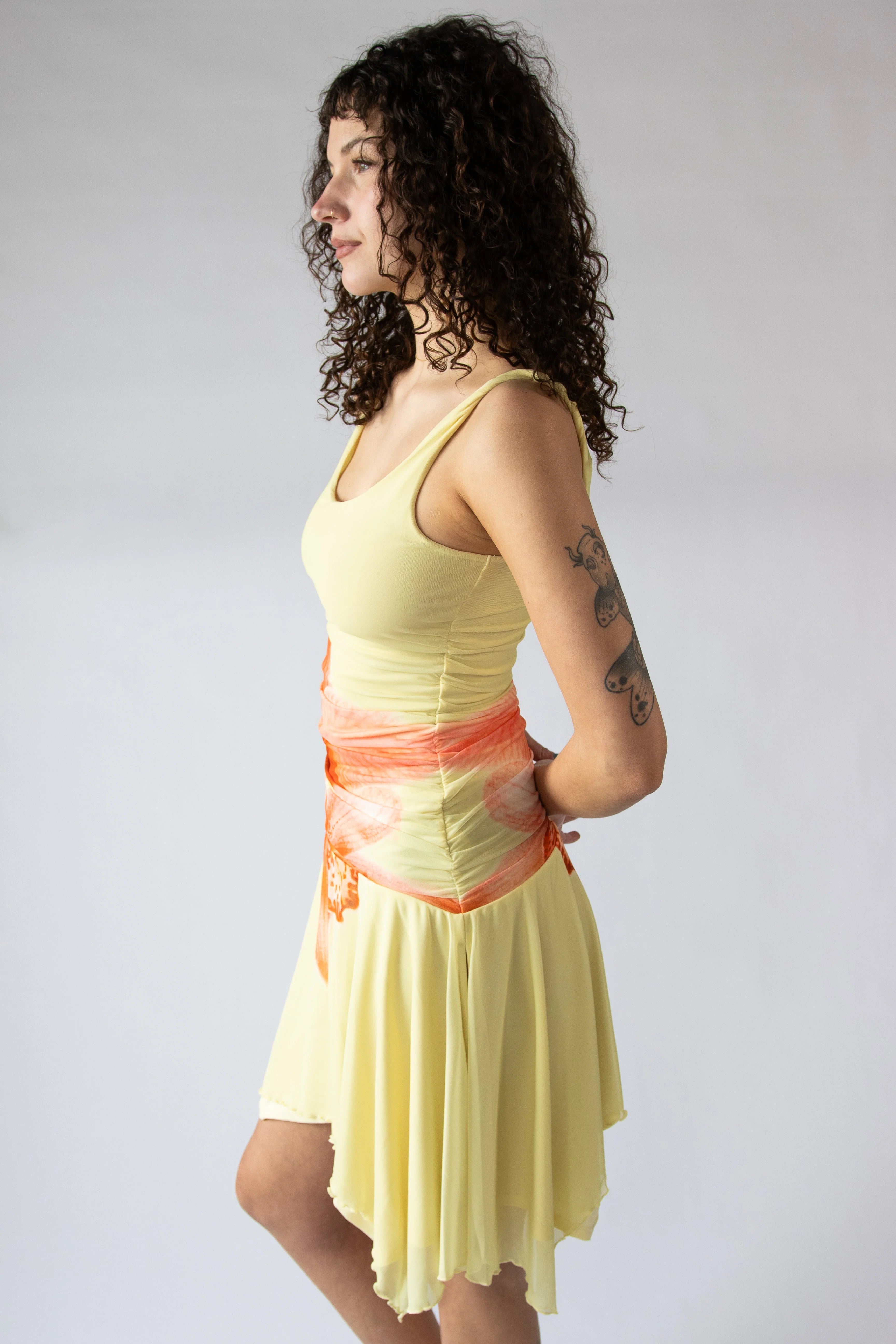 Flower Mesh Hanky Hem Midi Dress