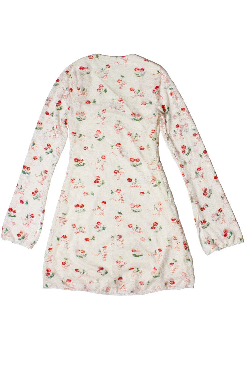 Lace Cherry Bow Long Sleeve Mini Dress