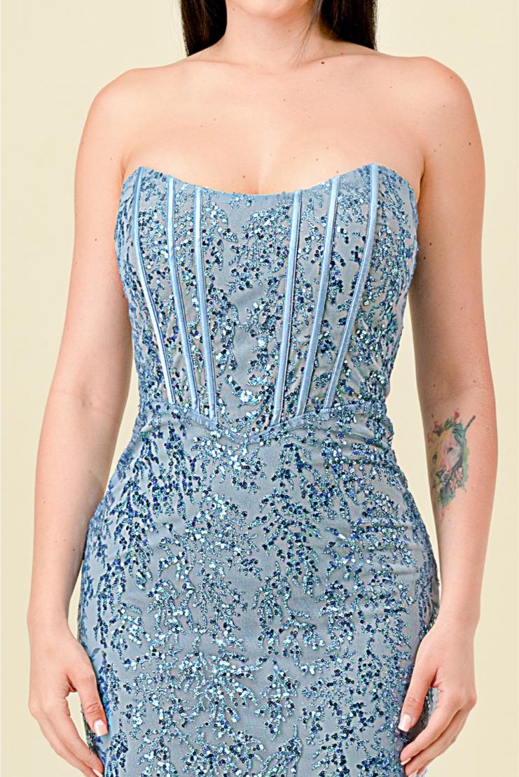 Briella Dusty Blue Tulle & Sequin Bustier Gown