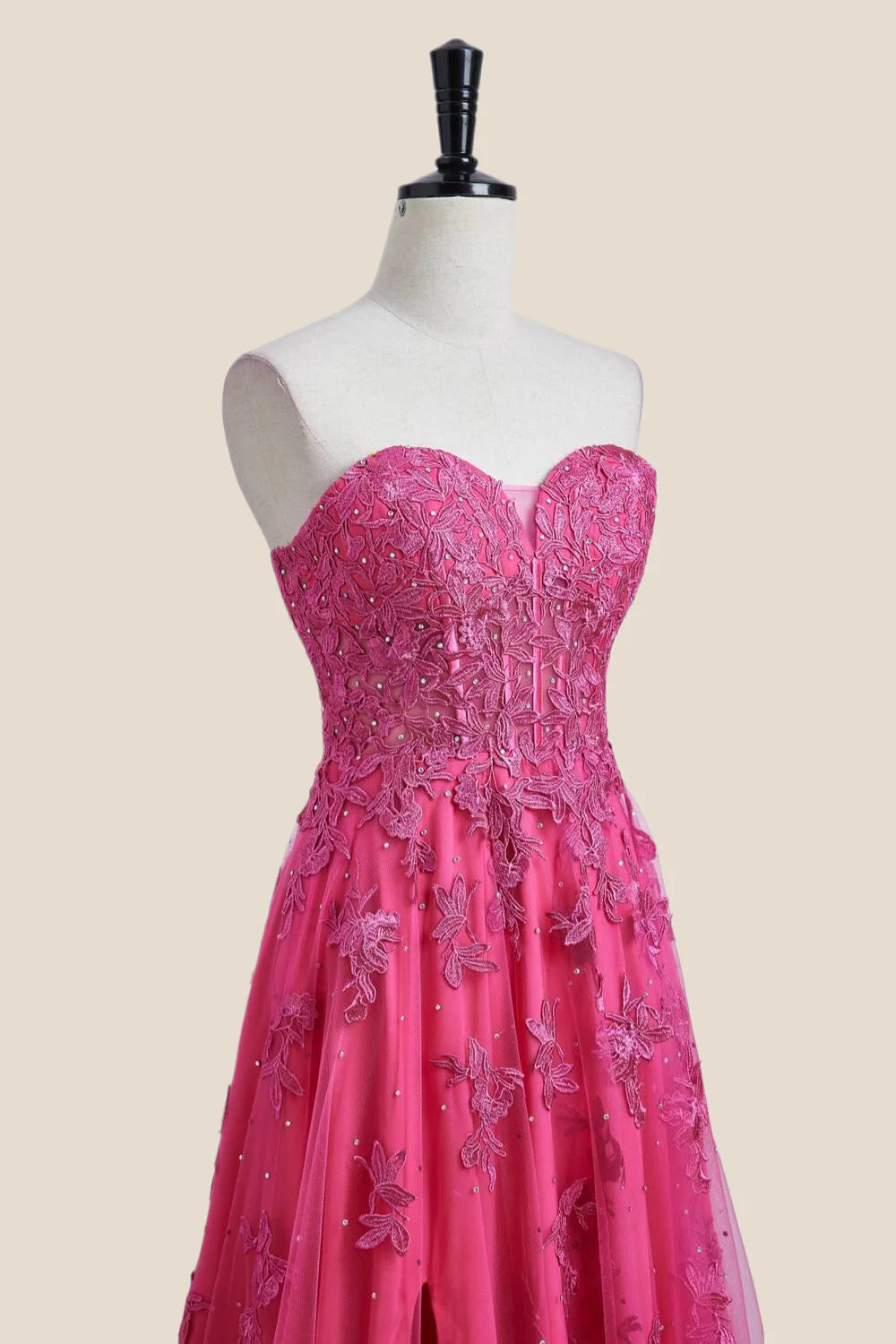 Hot Pink Lace and Tulle Long Formal Dress