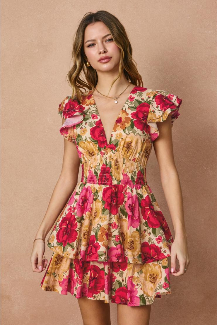 Lolita Ruffled Floral Mini Dress - Fuchsia