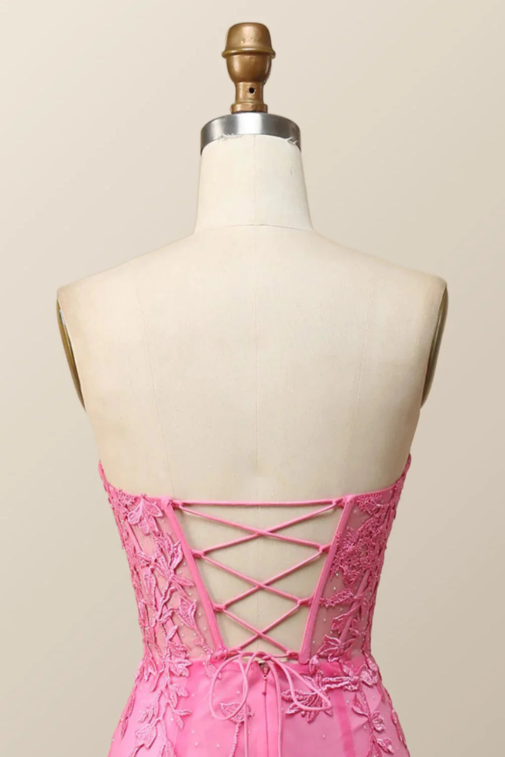 Strapless Hot Pink Lace Mermaid Long Prom Dress