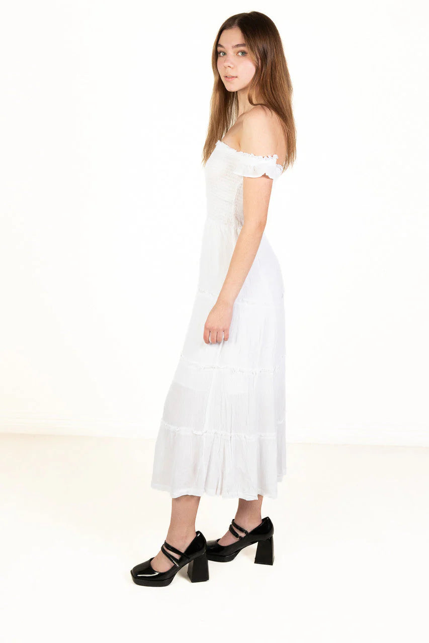 White Over The Shoulder Tiered Maxi Dress