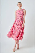 Sheena Florals Sleevless Linen Midi Dress - Pink