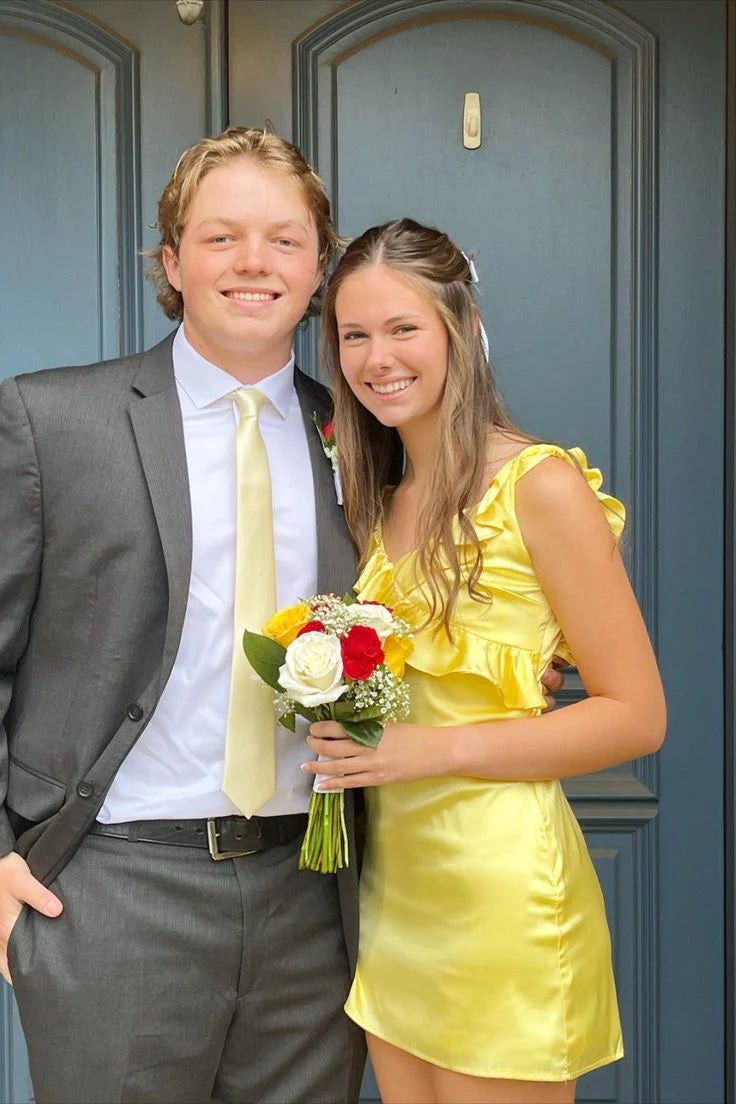V-neck Yellow Ruffled A-line Short Dress