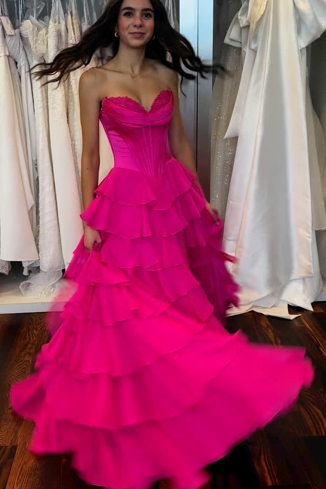 Strapless Orange Tiered Chiffon Long Dress with Slit
