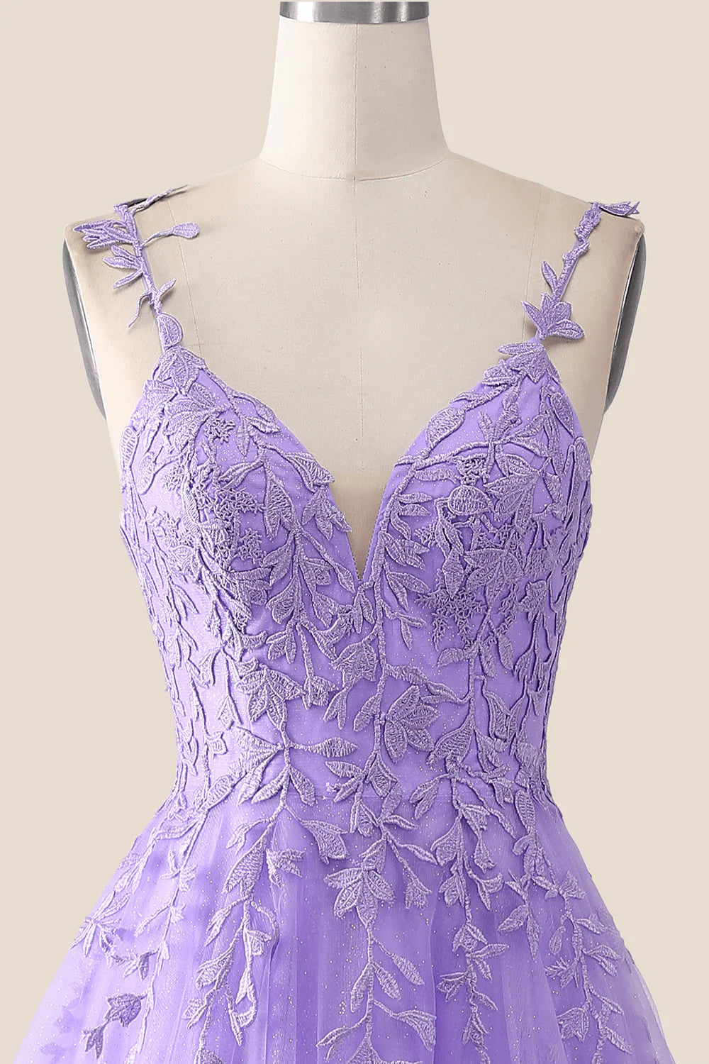 V Neck Lavender Lace A-line Long Prom Dress