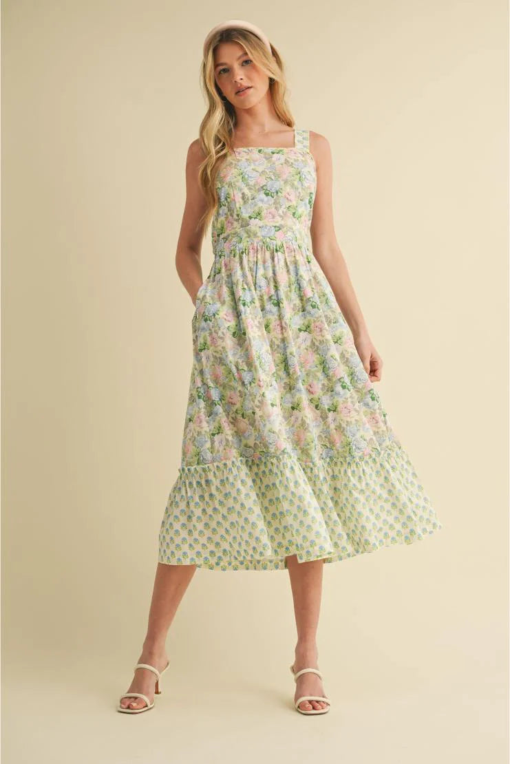 Emma Mae Mixed Floral Prints Back Bow Midi Dress