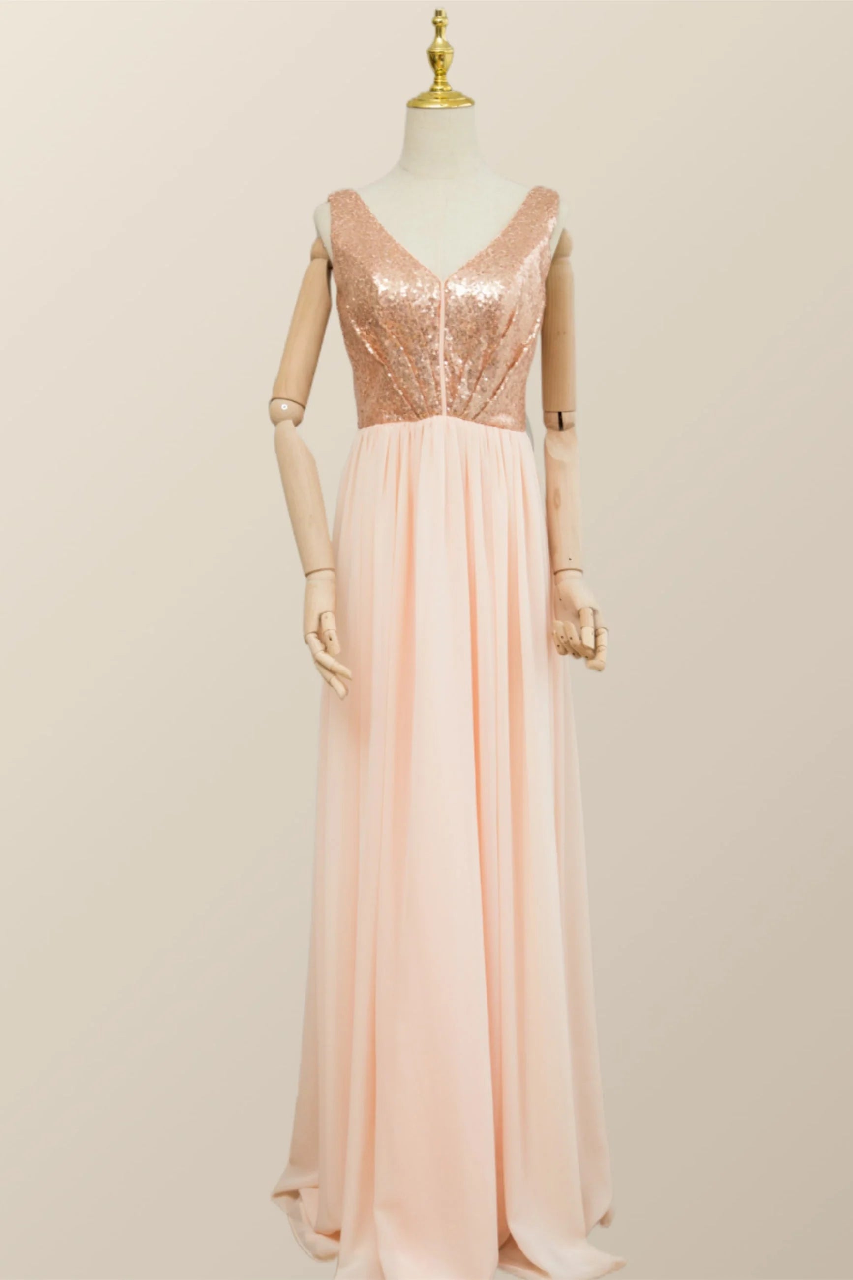 V Neck Rose Gold Sequin and Chiffon Long Bridesmaid Dress