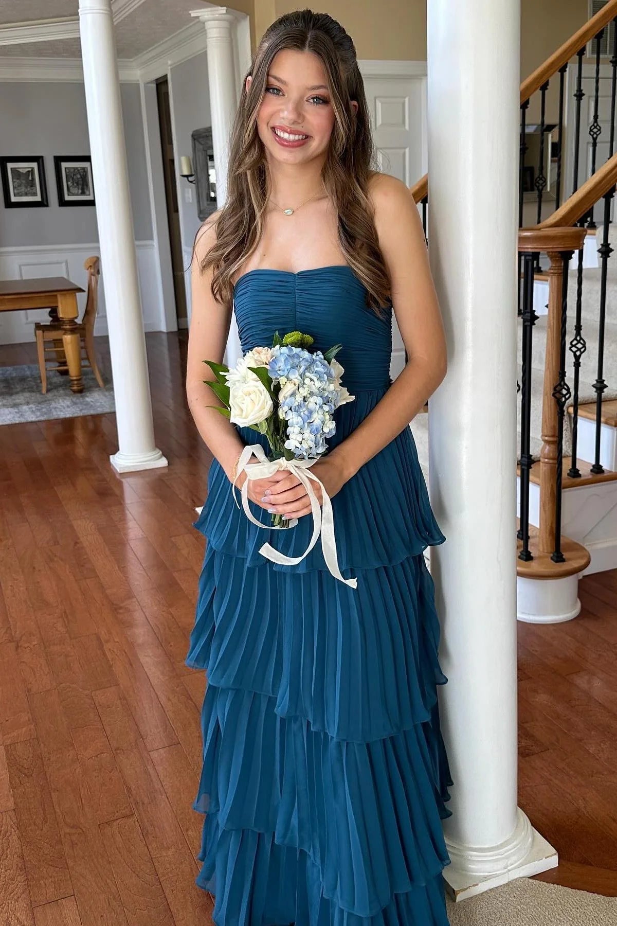 Strapless Lavender Pleated Tiered Long Party Dress