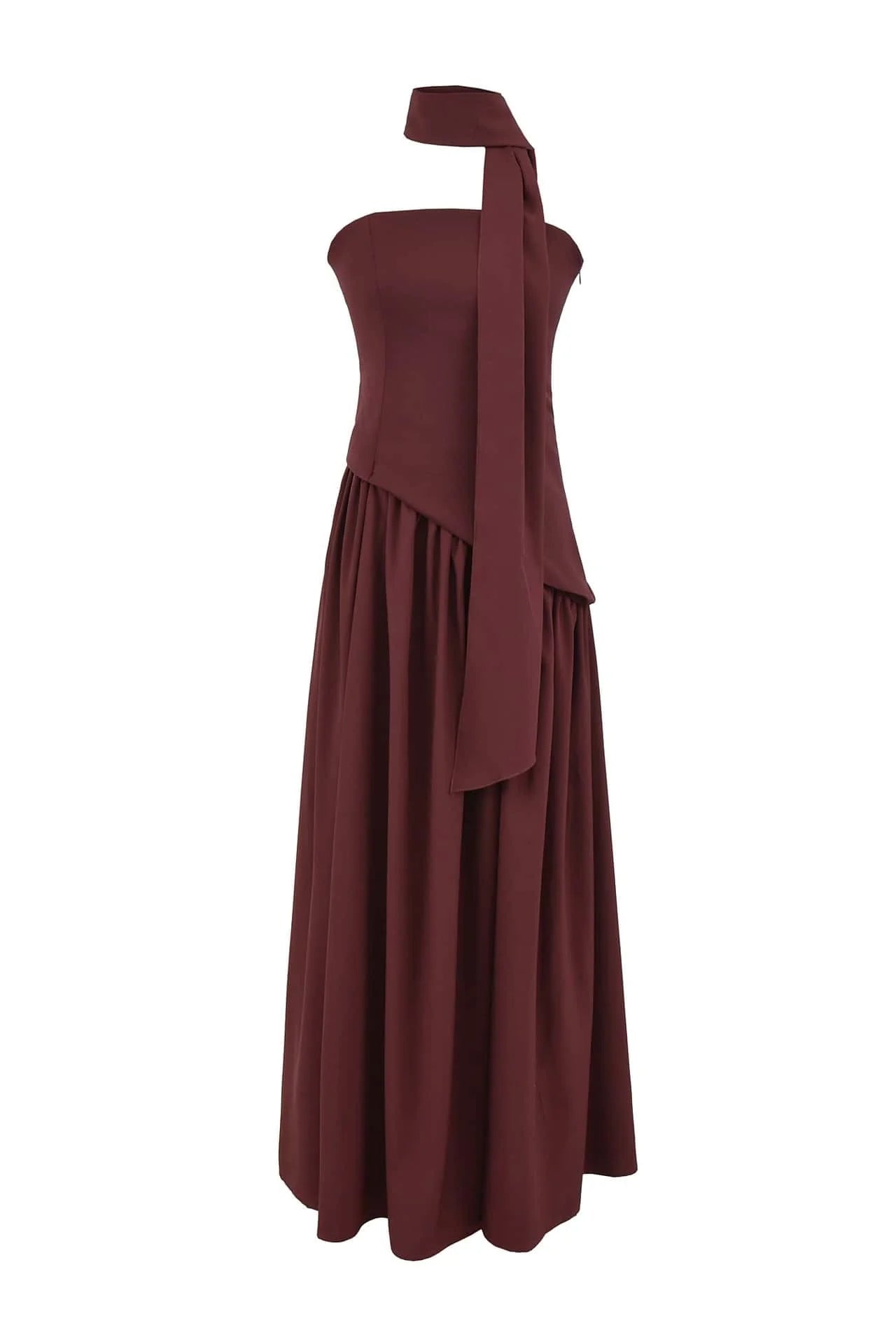 Yellow Crepe Bodice Gathered Long Dress